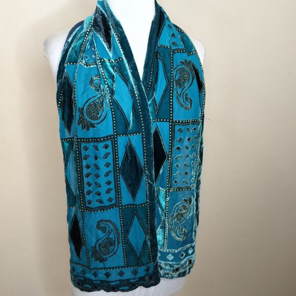 Teal Crushed Velvet Scarf Paisley Floral Geometric Sheer 58" x 9.5" - Picture 4 of 13
